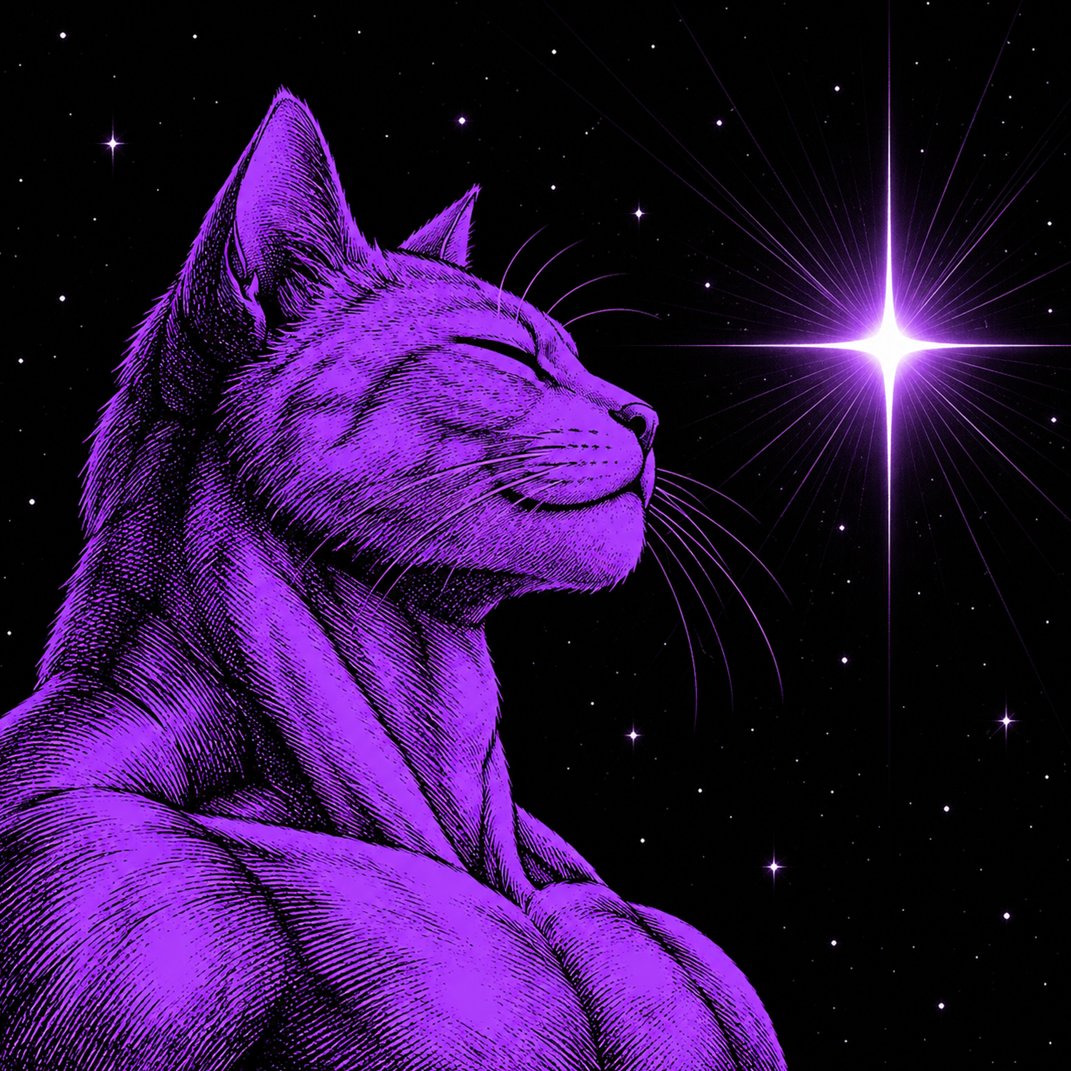Purple engraved cat looking toward a bright star